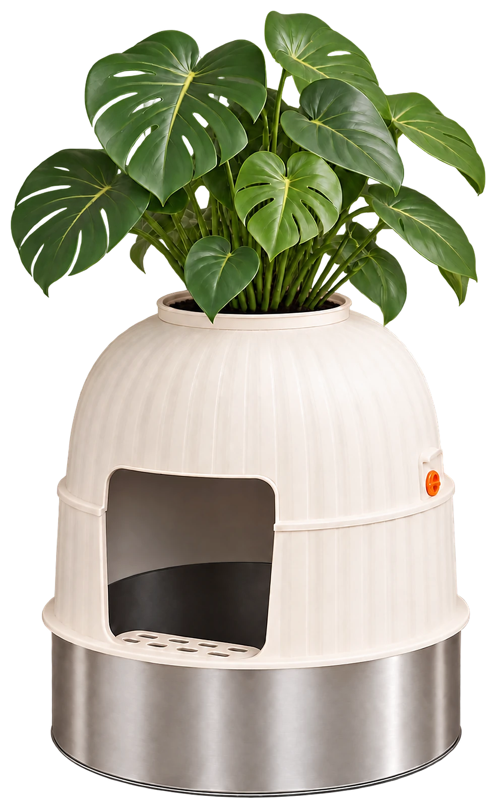 The Hidden Planter Litter Box in cream, with a monstera in the top
