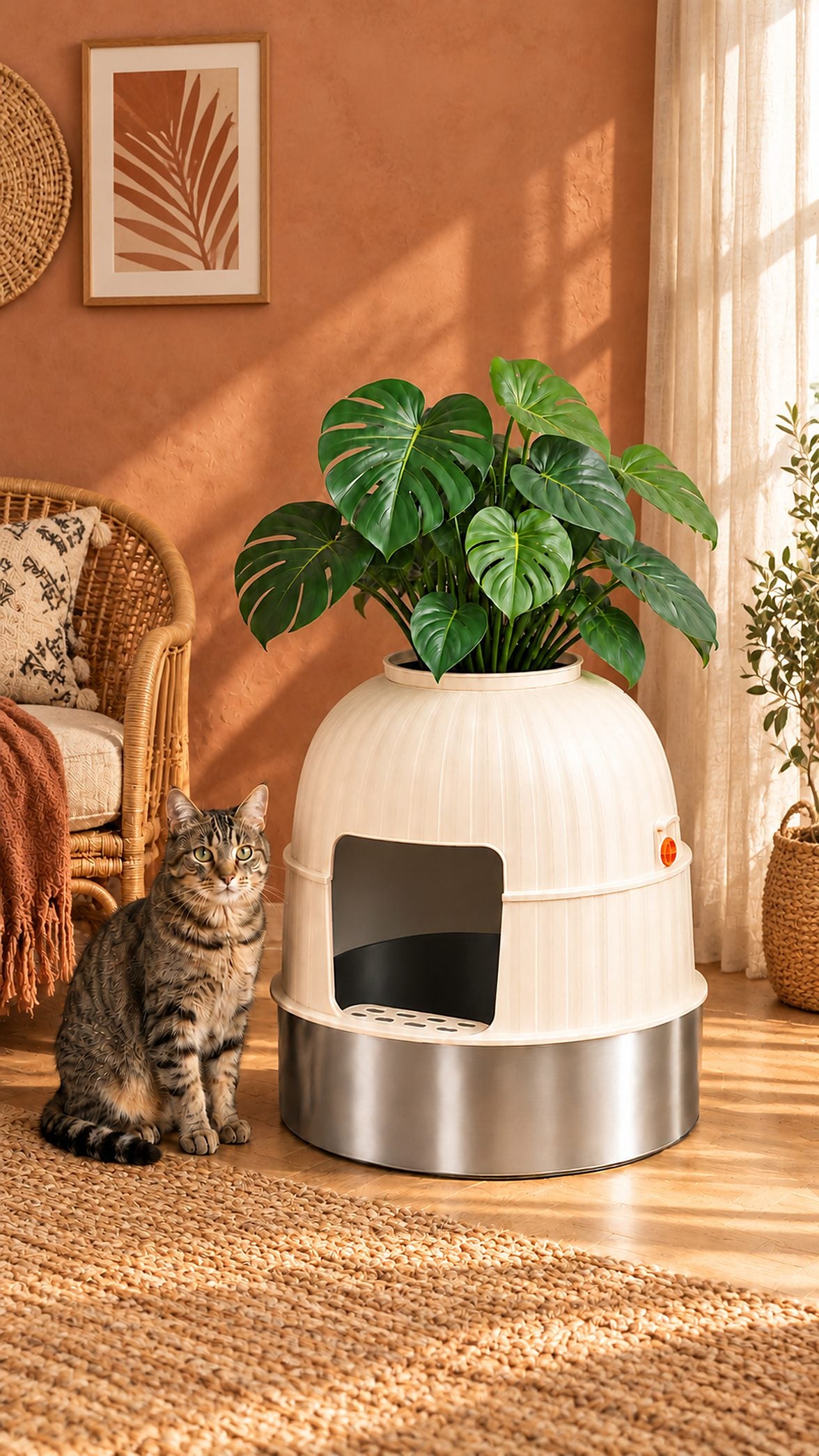 The cream planter litter box in a terracotta boho room with a rattan chair, a tabby cat sitting beside it