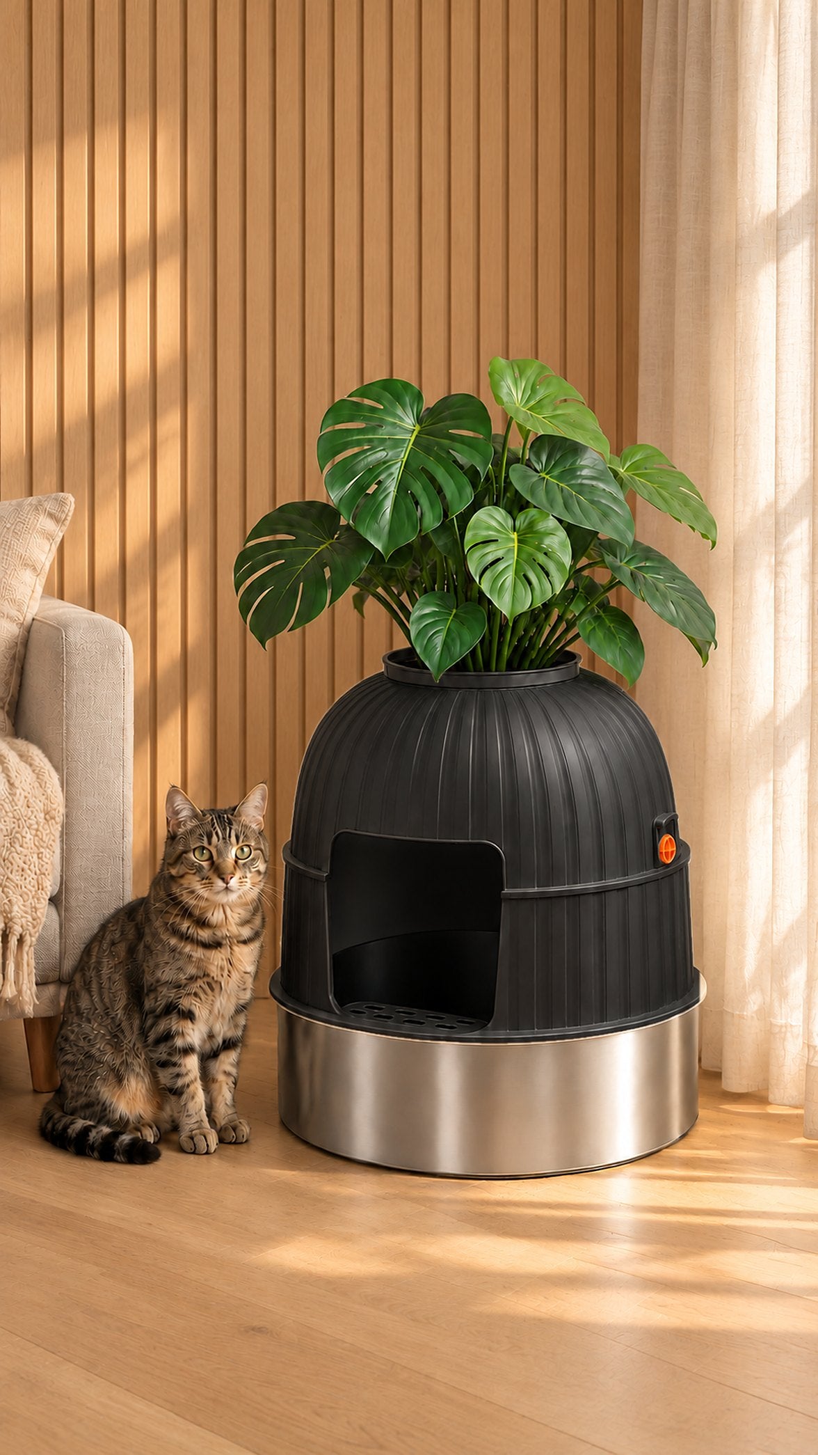 The black planter litter box against a warm slatted wood wall, a tabby cat sitting beside it