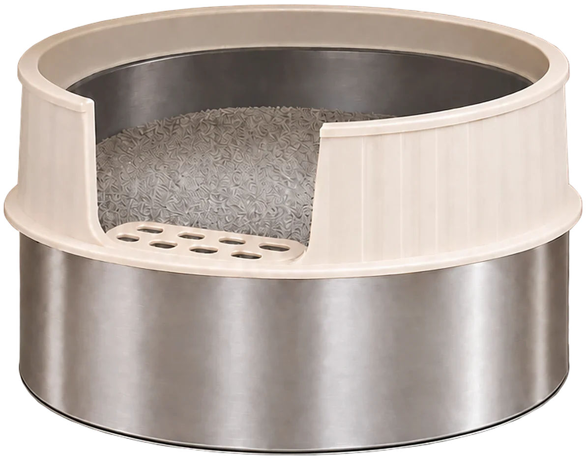 The stainless steel base on its own, with raised sides and litter inside