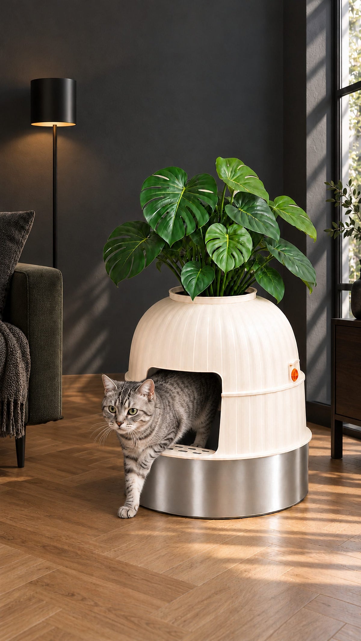 A cat walking out of the Hidden Planter Litter Box, with a large plant growing out of the top