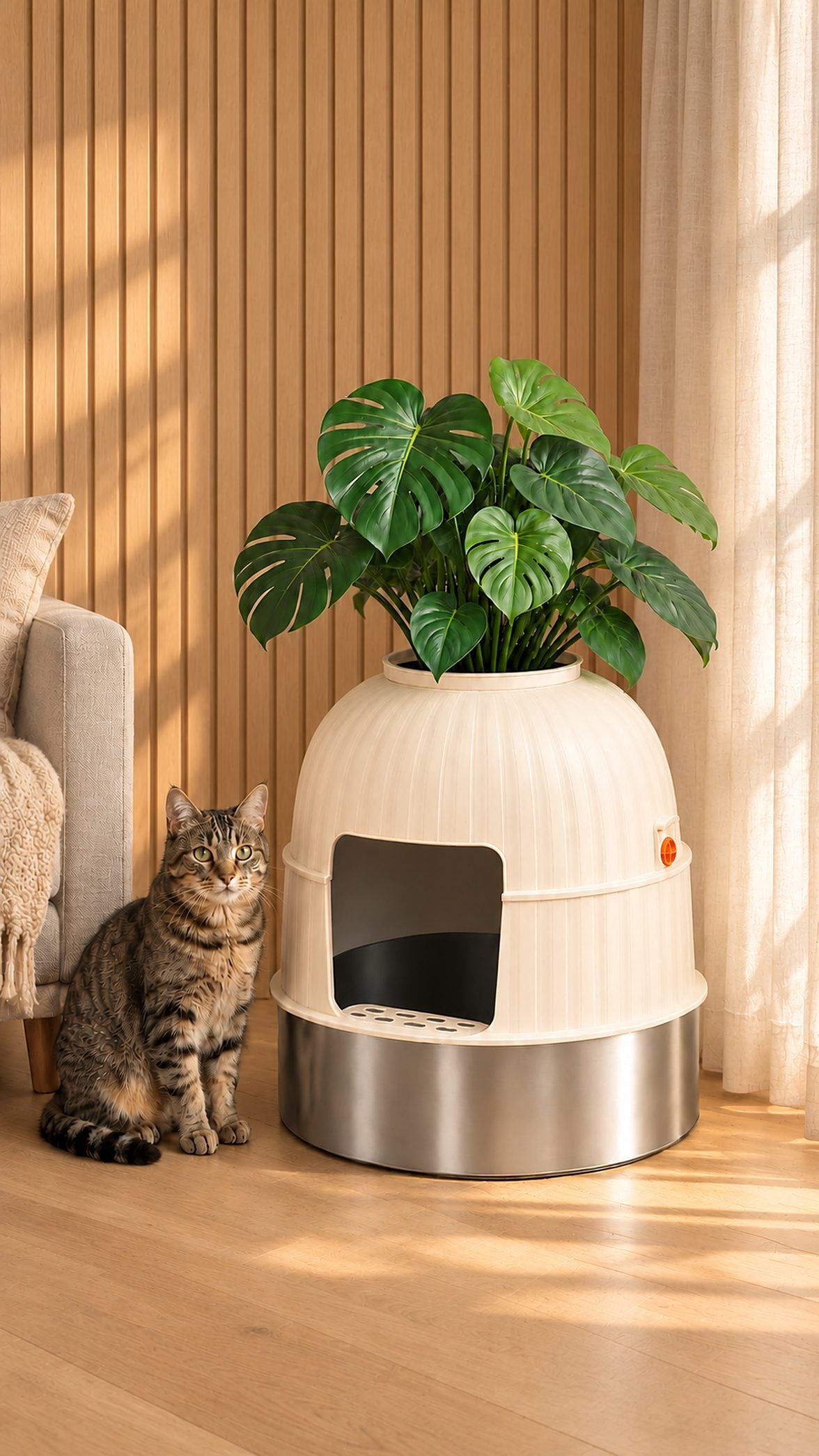 The planter litter box against a warm slatted wood wall, a tabby cat sitting beside it