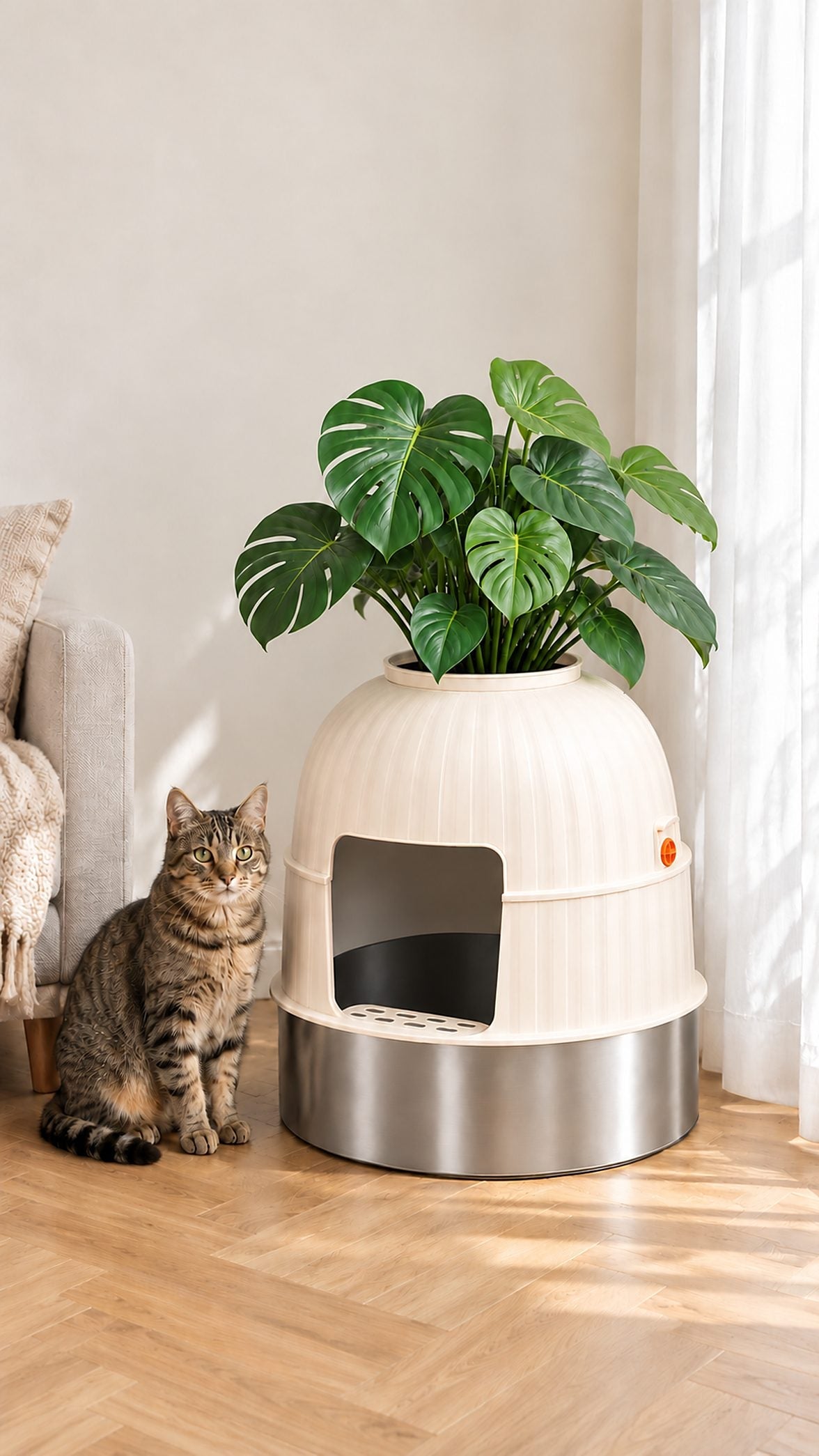 The planter litter box in a bright Scandinavian living room, a tabby cat sitting beside it