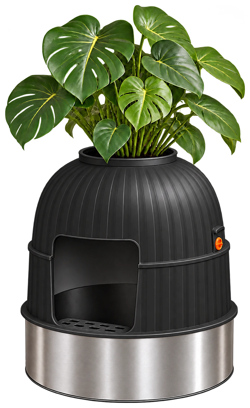 The Hidden Planter Litter Box in black, with a monstera in the top