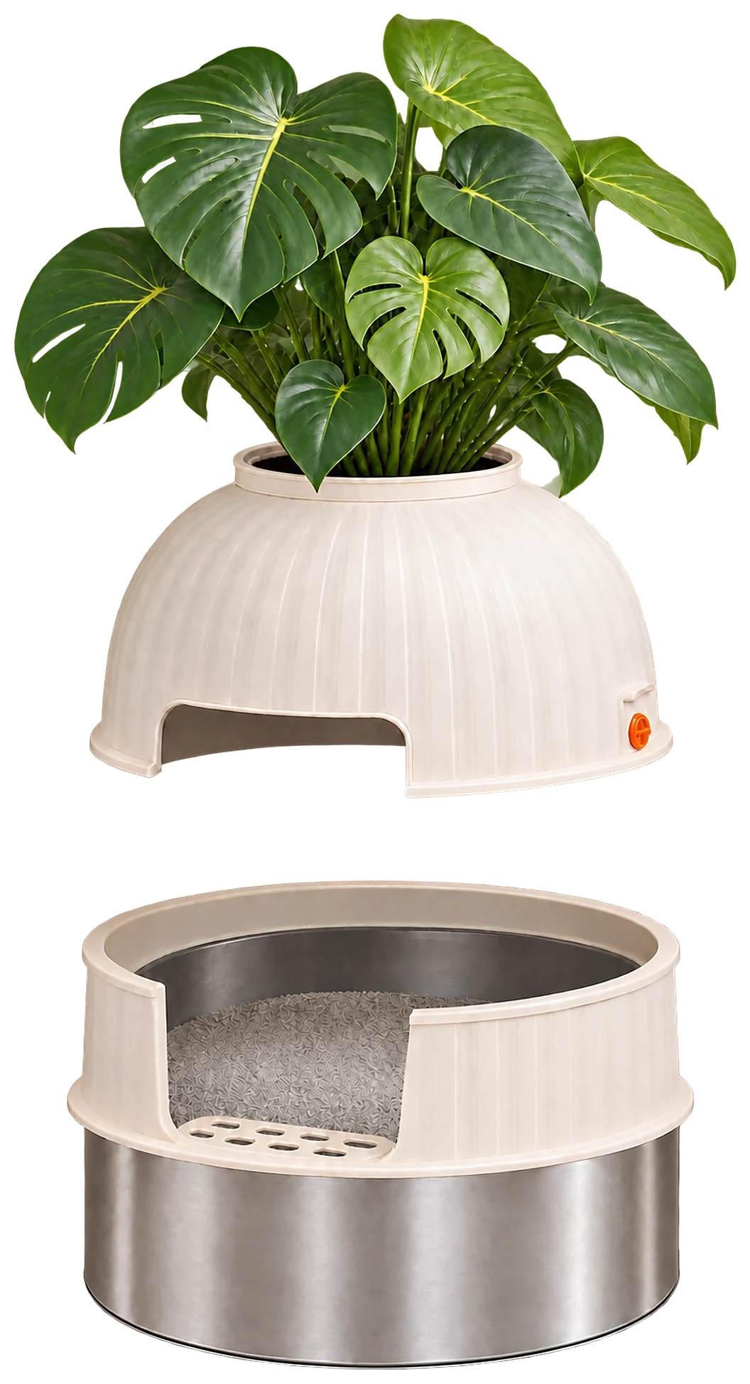 The planter top lifted above the stainless steel base, showing the litter inside