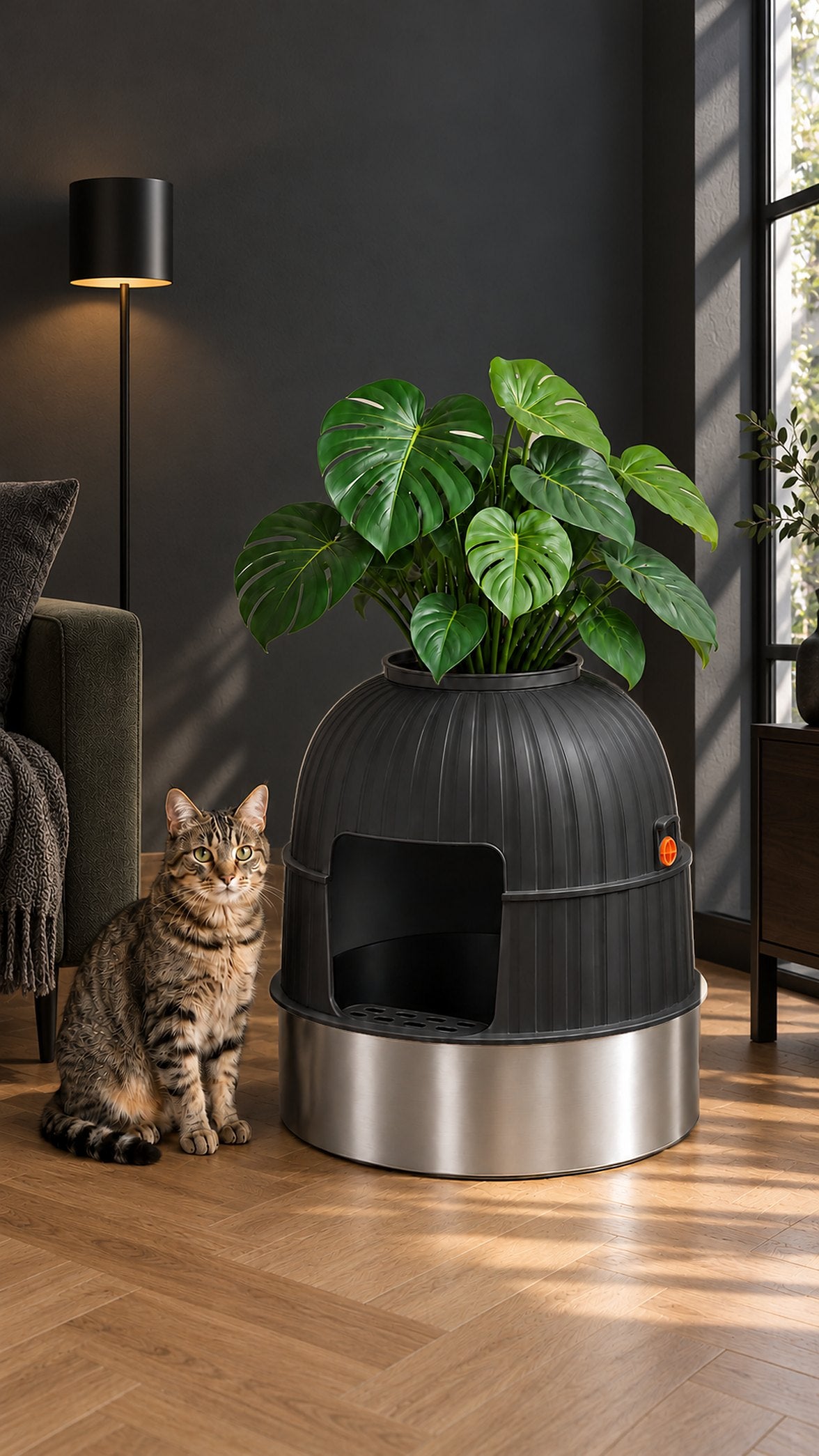The black planter litter box in a dark modern room, a tabby cat sitting beside it